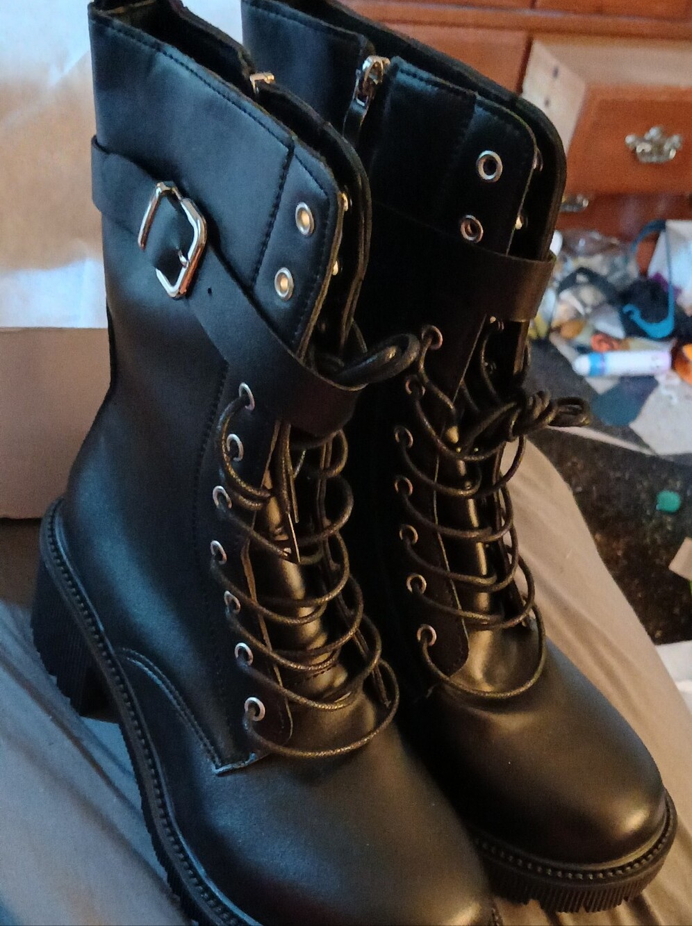 Black Women's Lace-Up Combat Boots with Buckle Strap